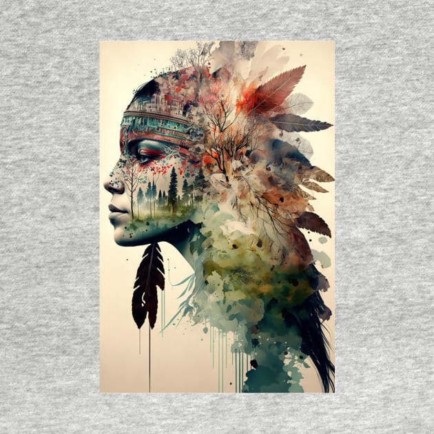 Native American Double Exposure Watercolor Painting by TortillaChief